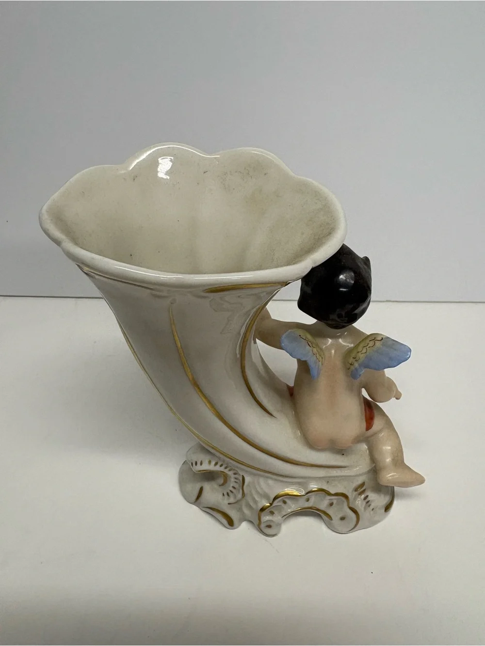 Vintage German Porcelain Cherub Cornucopia Vase Floral Accents